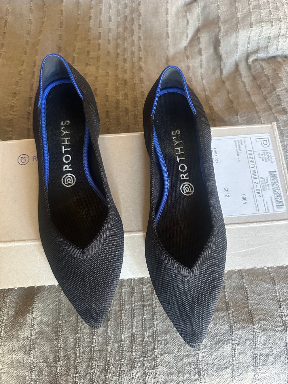 Rothy's Black Pointed-Toe Knit Flats with Blue Trim